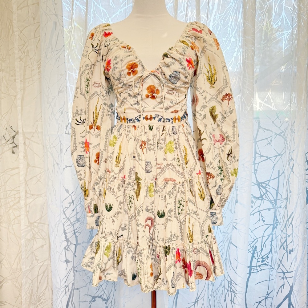 AGUA BY AGUA BENDITA HONOR ENCAJE WHITE LEAF PLANT PRINT LONG SLEEVE MINI DRESS - Picture 1 of 17